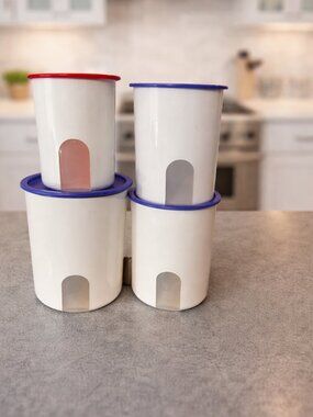 📌Tupperware 4 Food Storage Canister One Touch® Reminder Canister Set/Blue - Red